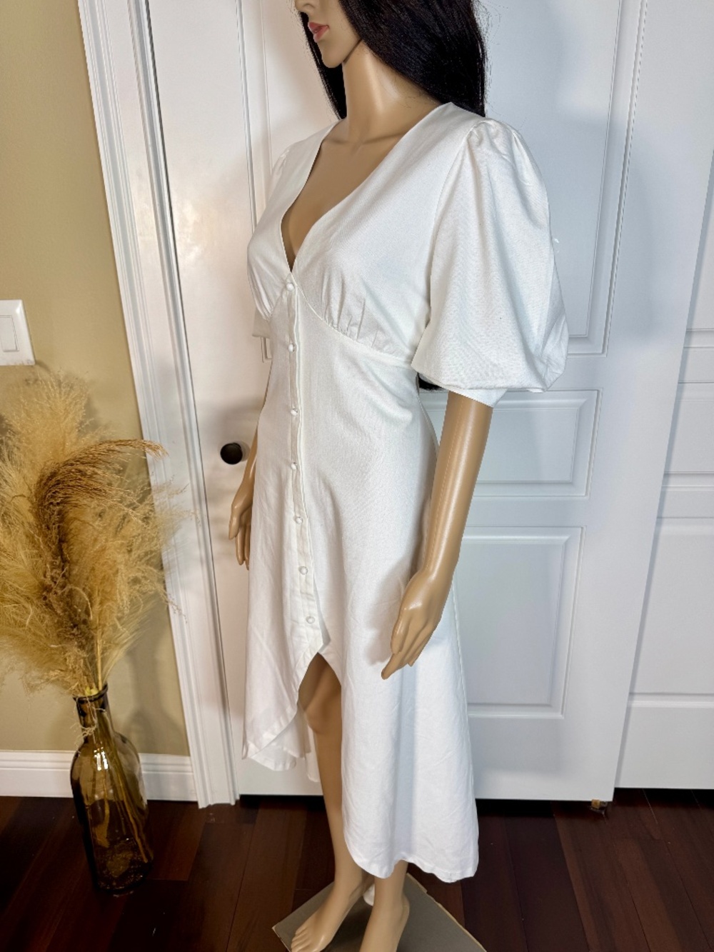 IVORY HIGH LOW PUFF SLEEVE LINEN MIDI DRESS - NWOT - Picture 10 of 15